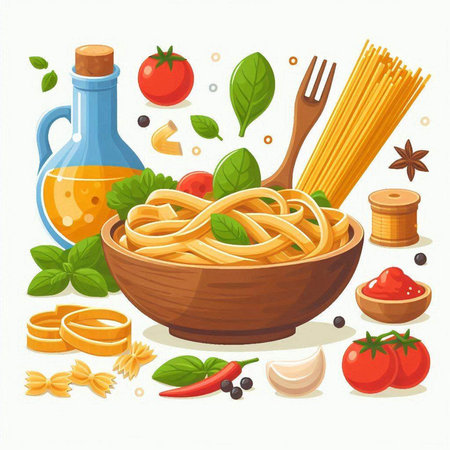 Spaghetti pasta with ingredients for cooking. Vector illustration in cartoon styleのイラスト素材