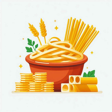 Pasta and wheat in a bowl on a light background. Vector illustration.のイラスト素材