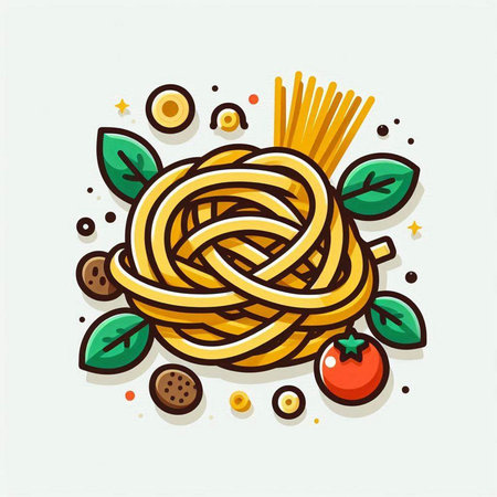 Spaghetti icon with tomatoes and basil. Vector illustration in cartoon style.のイラスト素材