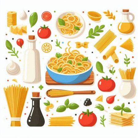 Italian pasta set. Fettuccine, spaghetti, tomato, basil, olive oil, parmesan cheese, parmesan cheese, olives, garlic, olive oil, pepper, salt, olive oil. Vector illustrationのイラスト素材