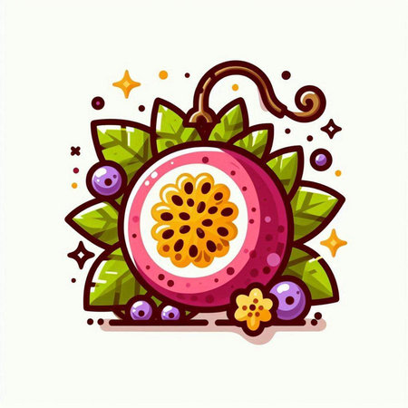 Passion fruit with leaves and berries. Hand drawn vector illustration.のイラスト素材
