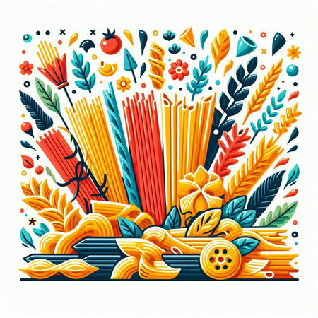Italian pasta vector illustration. Colorful composition with pasta, vegetables and fruits.のイラスト素材