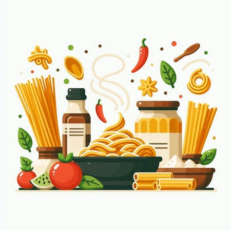 Italian food vector illustration. Pasta, pasta, vegetables, spices and herbs.のイラスト素材