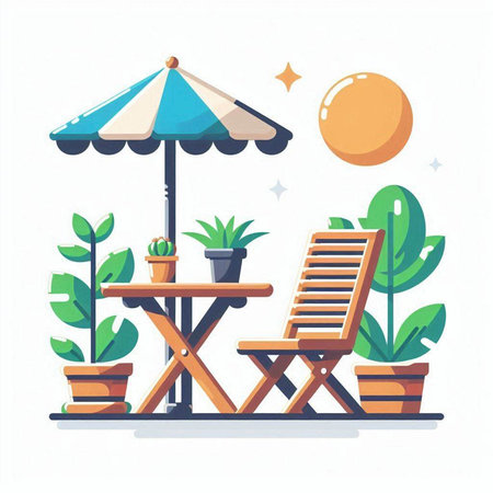 Beach chair with umbrella and potted plants. Vector illustration.のイラスト素材