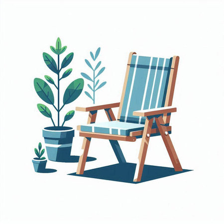Wooden deck chair in the garden. Vector illustration in flat style.のイラスト素材