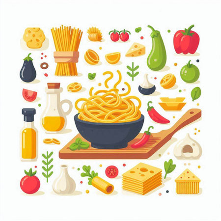 Pasta and ingredients. Vector illustration in flat style. Italian food.のイラスト素材