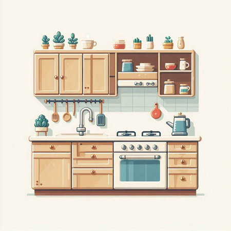 Kitchen interior with furniture and equipment. Vector illustration in flat styleのイラスト素材