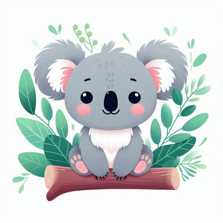 Cute koala sitting on a log with green leaves. Vector illustration.のイラスト素材