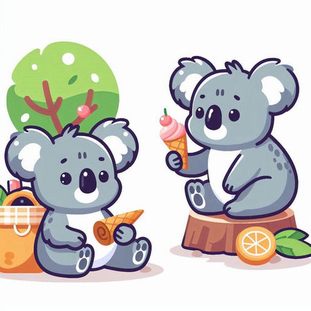 Cute koala with ice cream in cone. Vector illustration.のイラスト素材
