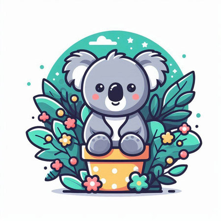 Cute koala sitting in a flower pot. Vector illustration.のイラスト素材