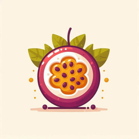 Passion fruit icon. Vector illustration of a passion fruit with leaves.のイラスト素材