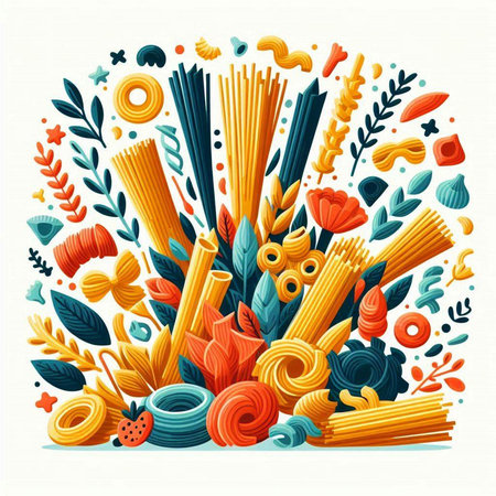 Vector illustration of different types of Italian pasta in the form of a circleのイラスト素材