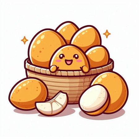 Cute cartoon chicken in a basket. Vector illustration isolated on white background.のイラスト素材