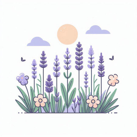 Lavender flowers with sun and clouds. Hand drawn vector illustration.のイラスト素材