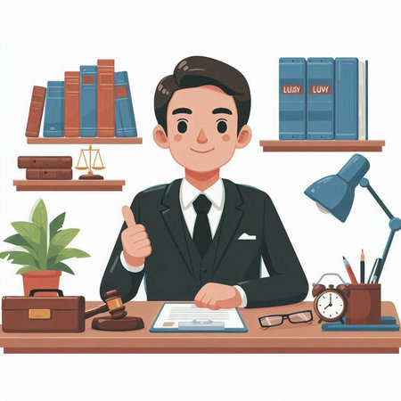 Lawyer sitting at the desk in office, cartoon vector illustration.のイラスト素材