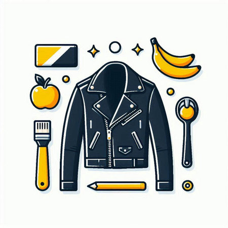 Vector illustration with a jacket, a brush, a knife, a spoon, a banana, an apple.のイラスト素材