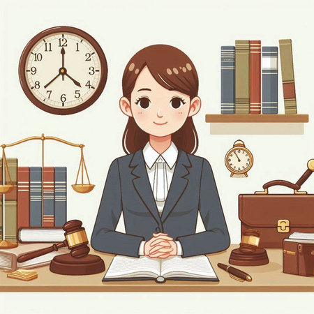 Illustration of a young female lawyer sitting in front of her deskのイラスト素材