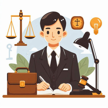 Lawyer working at his desk. Vector illustration in cartoon style.のイラスト素材