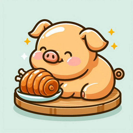 Cute piglet on a wooden plate. Vector cartoon illustration.のイラスト素材
