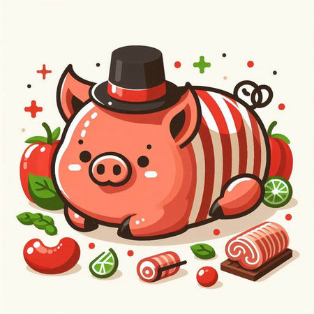 Cute cartoon pig in a cylinder hat with candies. Vector illustration.のイラスト素材