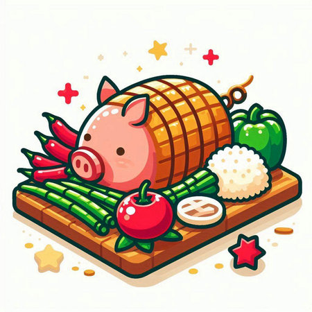 Illustration of a piggy bank on a wooden board with vegetablesのイラスト素材