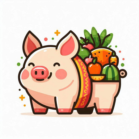 Cute pig with fruits and vegetables in pot. Vector illustration.のイラスト素材