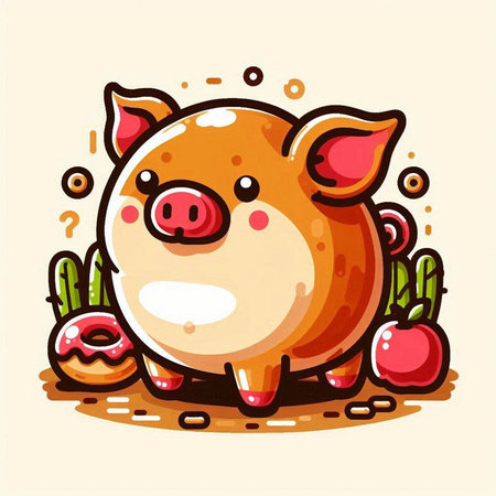 Illustration of a cute cartoon pig with apples. Vector illustration.のイラスト素材