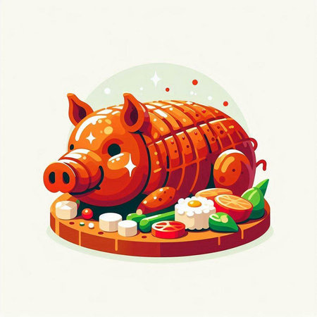 Illustration of a Chinese New Year Pig with Vegetables and Fruitsのイラスト素材