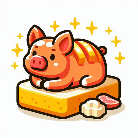 Illustration of a cute red pig lying on a piece of brick.のイラスト素材