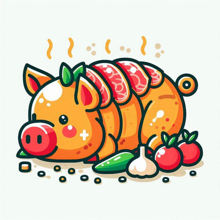 Illustration of a Cute Little Pig with Vegetables and Fruitsのイラスト素材