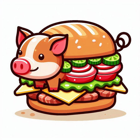 Illustration of a Cute Pig Eating a Burger with Cheeseburgerのイラスト素材