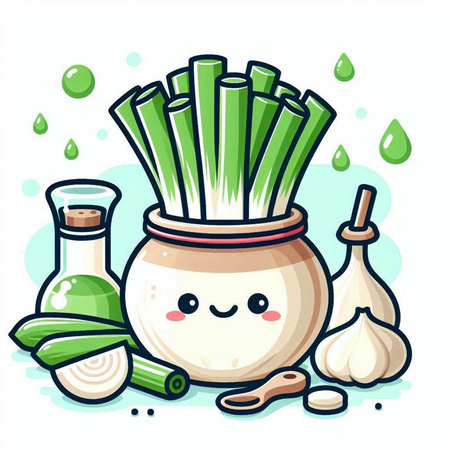 Illustration of a cute leek in a pot with ingredients.のイラスト素材