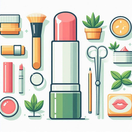 Vector illustration of cosmetics in flat style. Cosmetics, make-up products and accessories.のイラスト素材