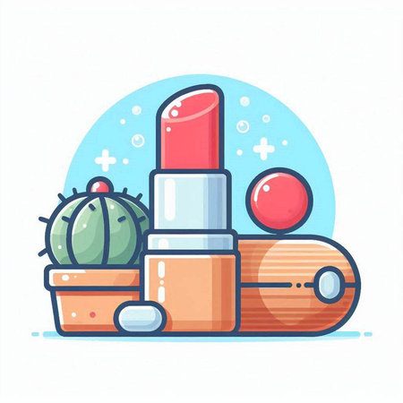 Lipstick and cactus. Vector illustration in flat style.のイラスト素材