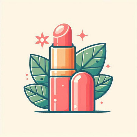 Lipstick icon. Vector illustration of red lipstick with green leaves.のイラスト素材