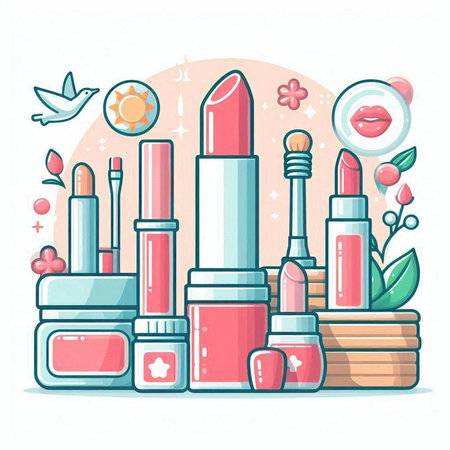 Vector illustration of set of decorative cosmetics and accessories. Lipstick, eyeshadow, mascara, nail polish, lipstick, lipstick.のイラスト素材