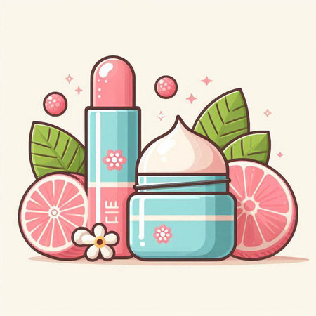 Vector illustration of cosmetic products and fruits on a light background. Flat style.のイラスト素材
