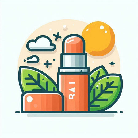 Lipstick with leaves, sun and clouds. Vector illustration.のイラスト素材