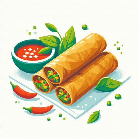 Vector illustration of delicious spring rolls with chili sauce and green leaves.のイラスト素材