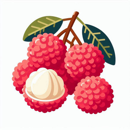 Ripe lychee with leaves on white background. Vector illustration.のイラスト素材