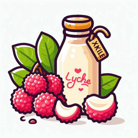 Lychee juice in a glass bottle with fresh fruits. Vector illustration.のイラスト素材