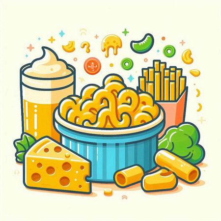 Illustration of a bowl of macaroni, french fries, cheese and a glass of juice.のイラスト素材