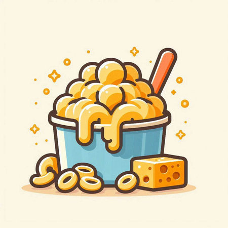 Vector illustration of ice cream in bowl with spoon and piece of cheese.のイラスト素材