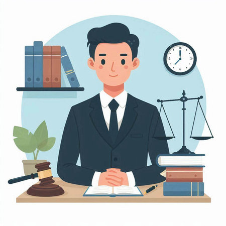 Lawyer sitting at the table with books and scales. Vector illustration.のイラスト素材