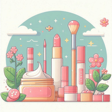 Cosmetic set in cartoon style. Vector illustration of beauty products.のイラスト素材