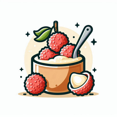 Lychee in a bowl. Vector illustration in cartoon style.のイラスト素材