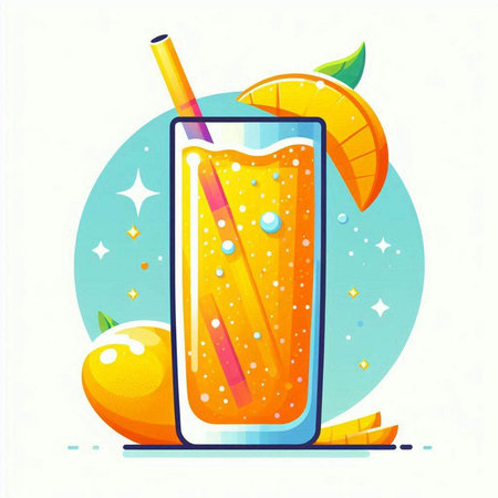 Orange juice in a glass with a straw and slices of fruit. Vector illustration.のイラスト素材