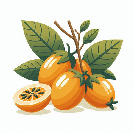 Fresh persimmon fruit with leaves isolated on white background. Vector illustration.のイラスト素材
