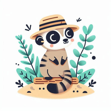 Cute cat in a hat on the beach, vector illustration.のイラスト素材