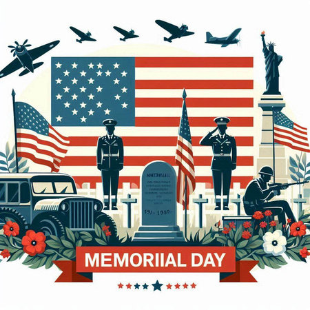 Memorial Day poster with american flag and soldiers. Vector illustrationのイラスト素材